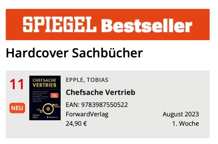 SPIEGEL-Bestseller Hardcover Sachbuch, Platz 11: „Chefsache Vertrieb“ von Tobias Epple, August 2023